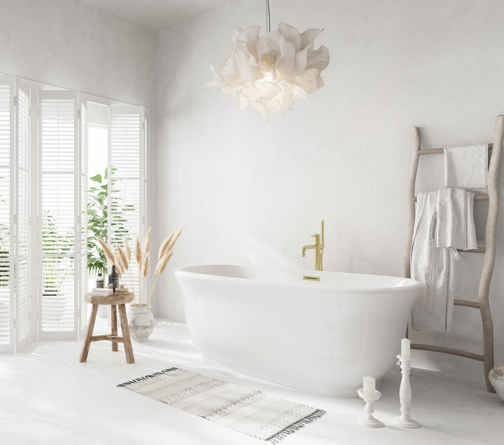 Charlie 59" Soaking Bathtub, Glossy White With Brushed Gold Trim