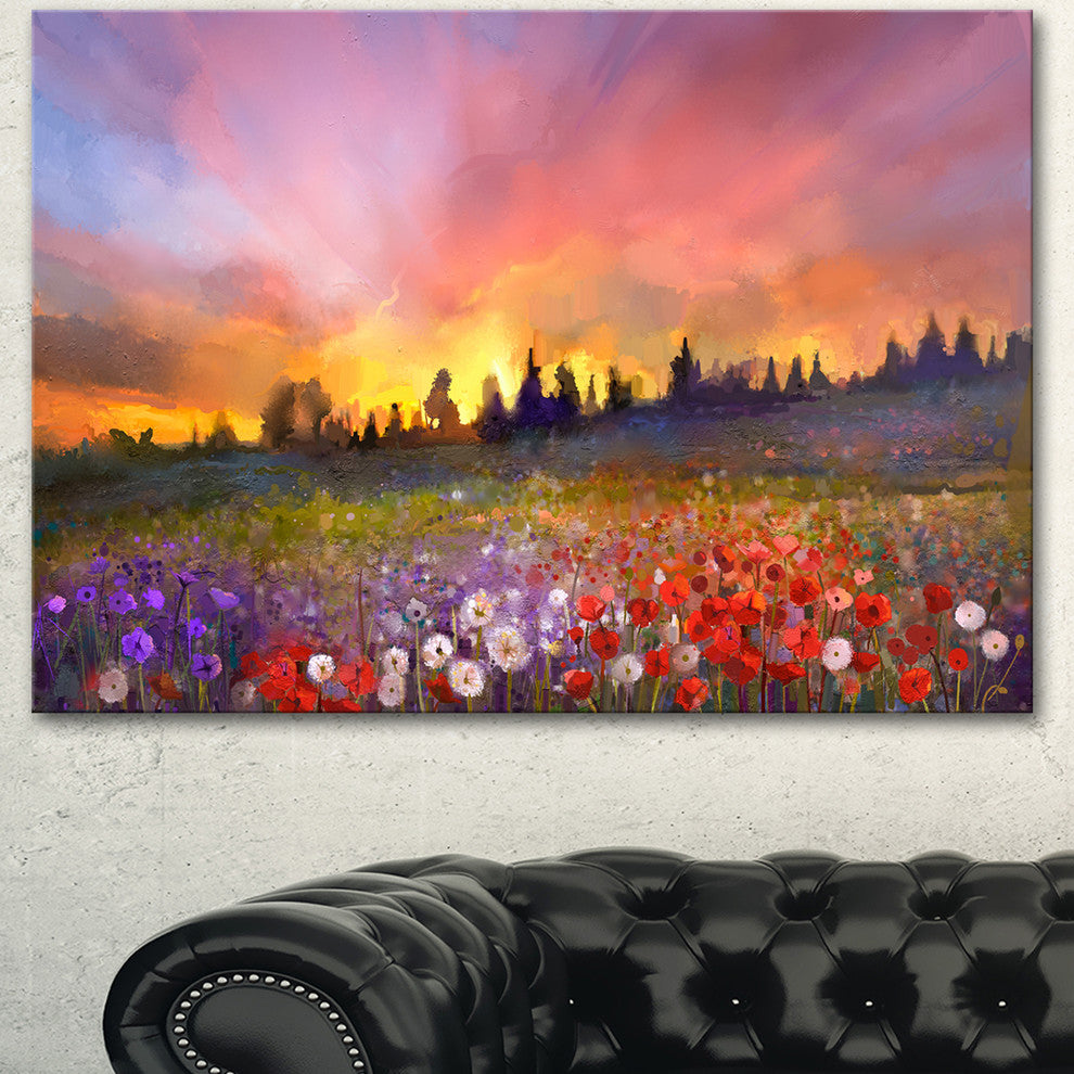 Field of Poppy Dandelion and Daisy, Large Floral Canvas Artwork, 40"x30"