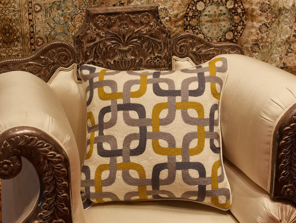 Gotcha Geometric Suzani Ivory Gray Gold Pillow Cover Handembroidered Wool 20x20"