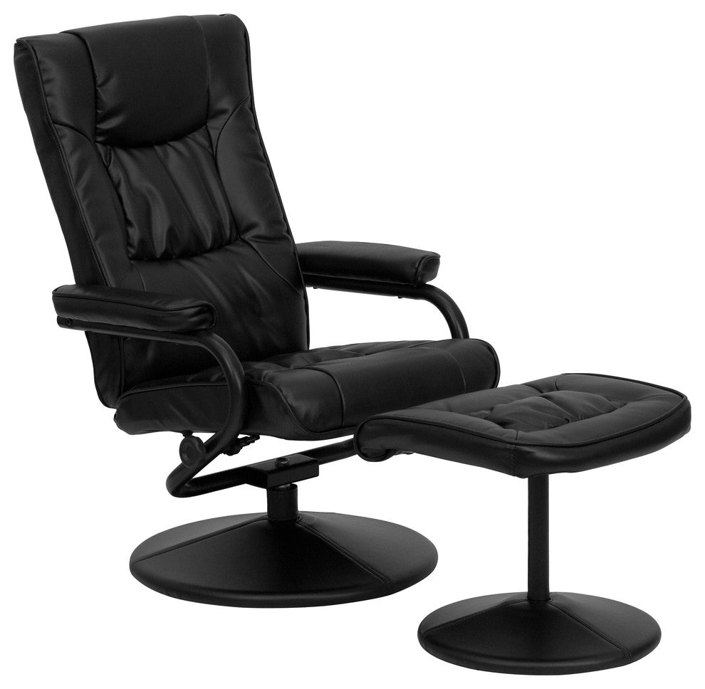 Multi-Position Recliner and Ottoman with Wrapped Base in Black LeatherSoft