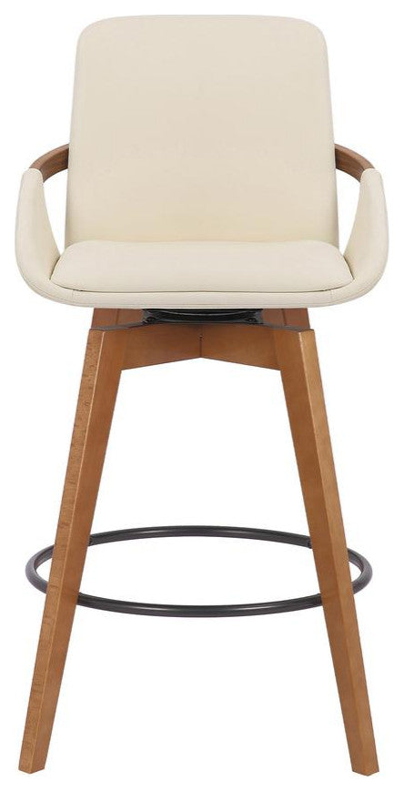 Baylor Swivel Wood Bar or Counter Height Stool in Faux Leather in WALNUT