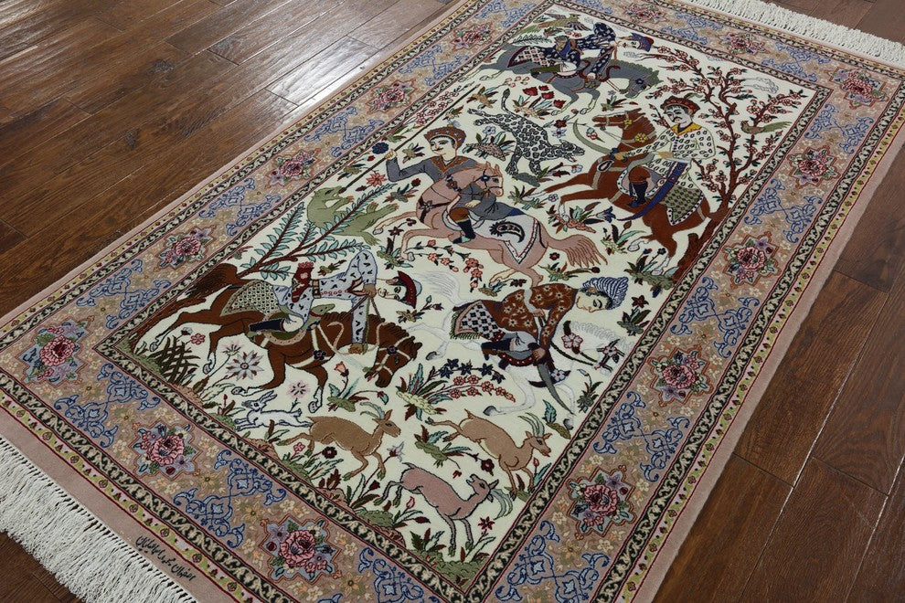 Hunting Scene Handmade Wool and Silk Authentic Signed Persian Isfahan Rug, 4'x7'