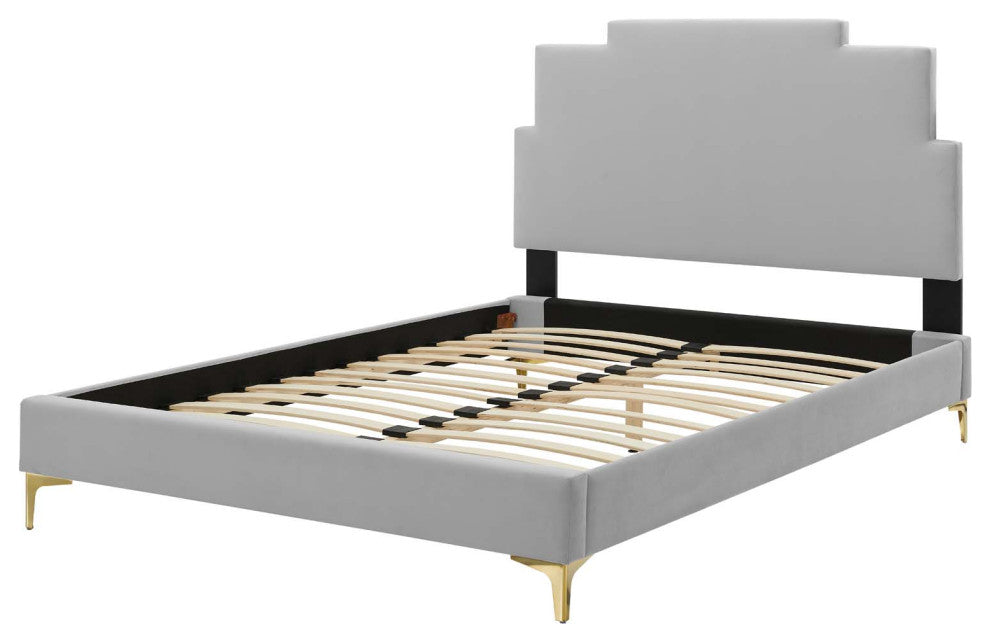 Platform Bed Frame, King Size, Velvet, Light Gray, Modern Contemporary