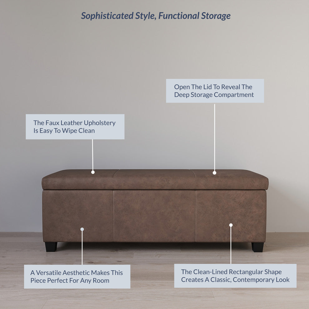 48" Elegant Leather/Linen Rectangular Storage Ottoman, Rustic Brown
