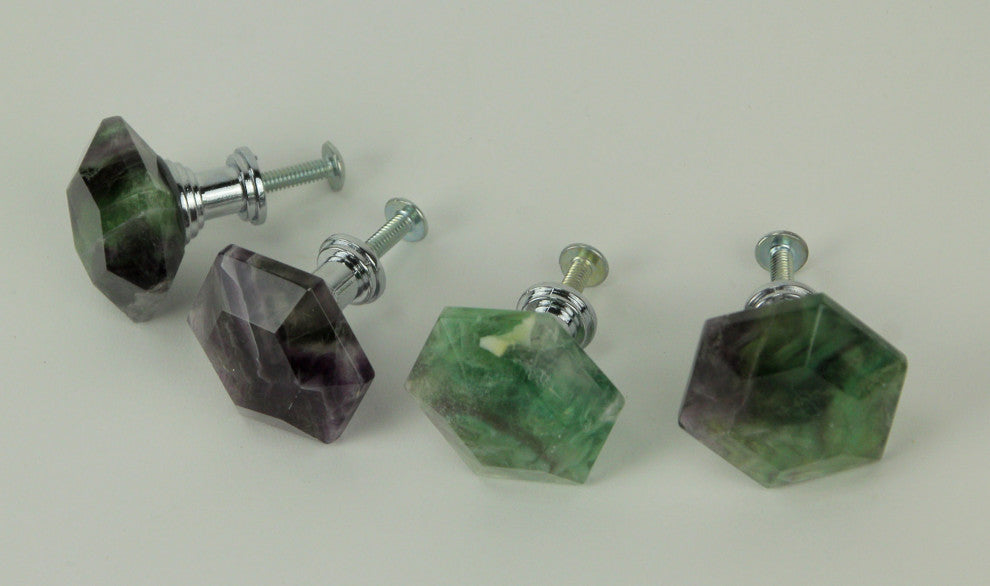 Natural Fluorite Crystal Hexagon Cabinet Knob or Drawer Pulls Set of 4