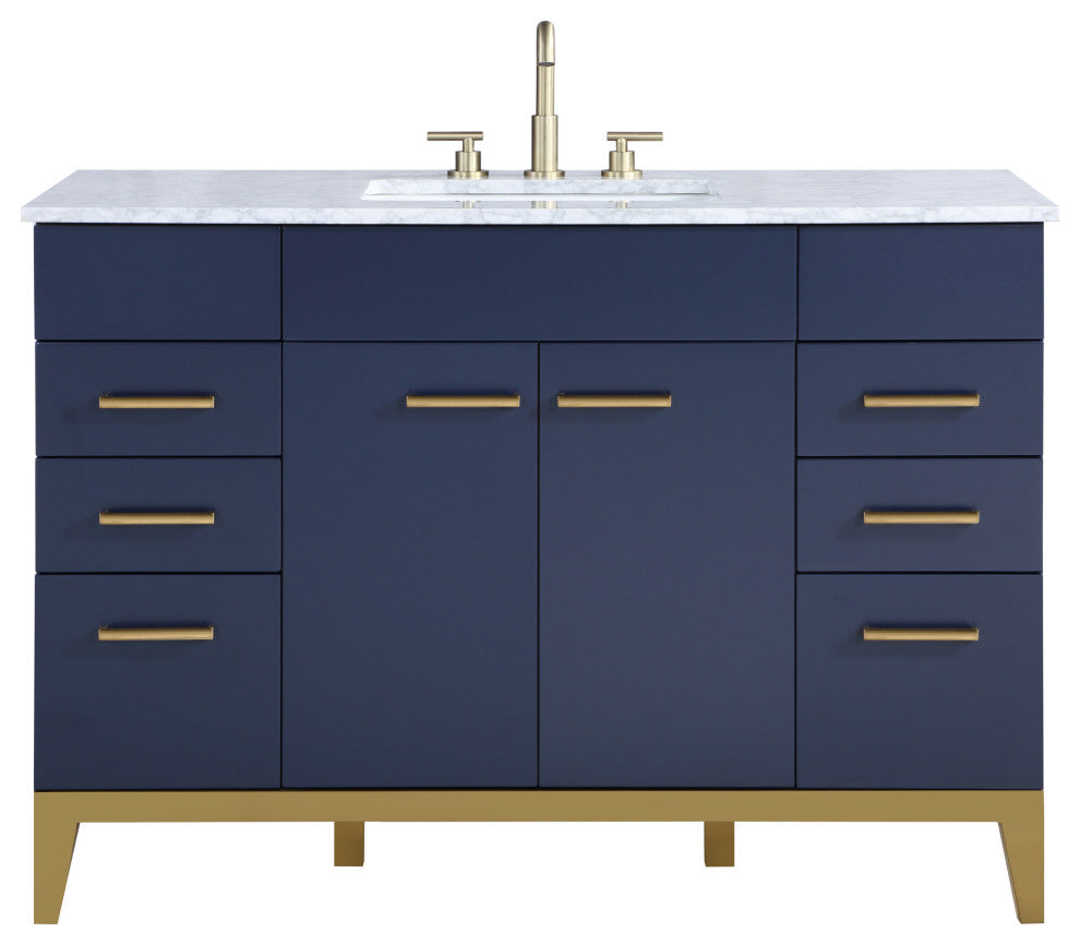 Enigma 48" W Freestanding Bath Vanity, Blue With White Carrara Marble Top