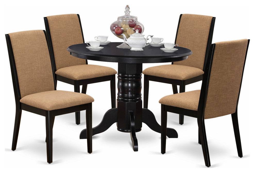 5Pc Kitchen Set 4 Chairs, Round Table Hardwood Structure -High Back & Black