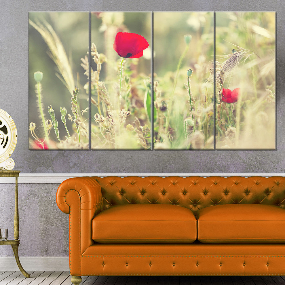 Meadow with Wild Poppy Flowers, Large Flower Canvas Art Print, 48"x28", 4 Panels
