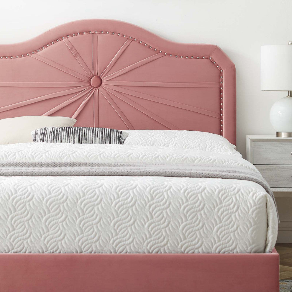 Platform Bed Frame, Queen Size, Velvet, Pink, Modern Contemporary, Bedroom