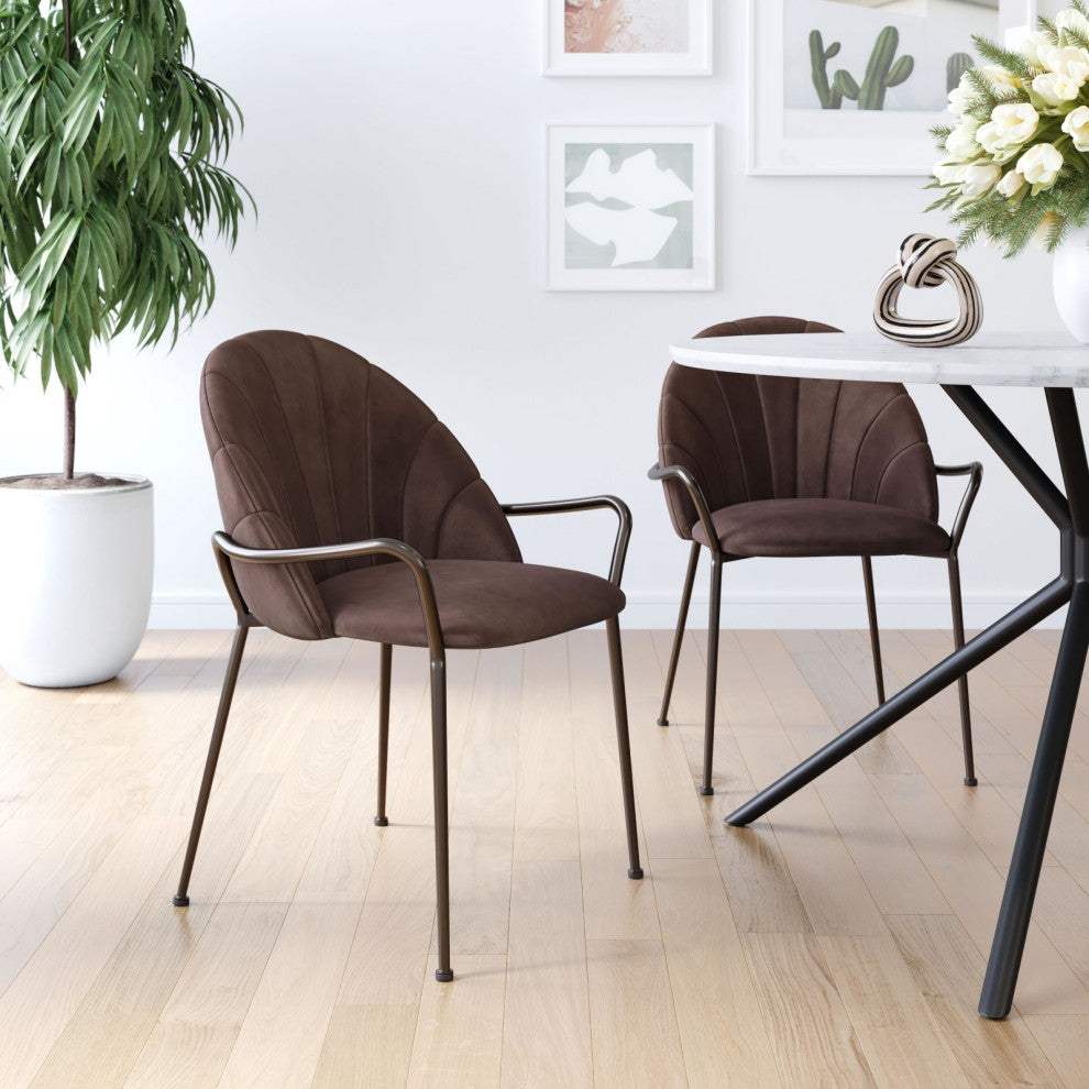 Dining Chair, Set of 2, Steel Metal, Fabric, Dark Brown, Brown, Cafe Bistro