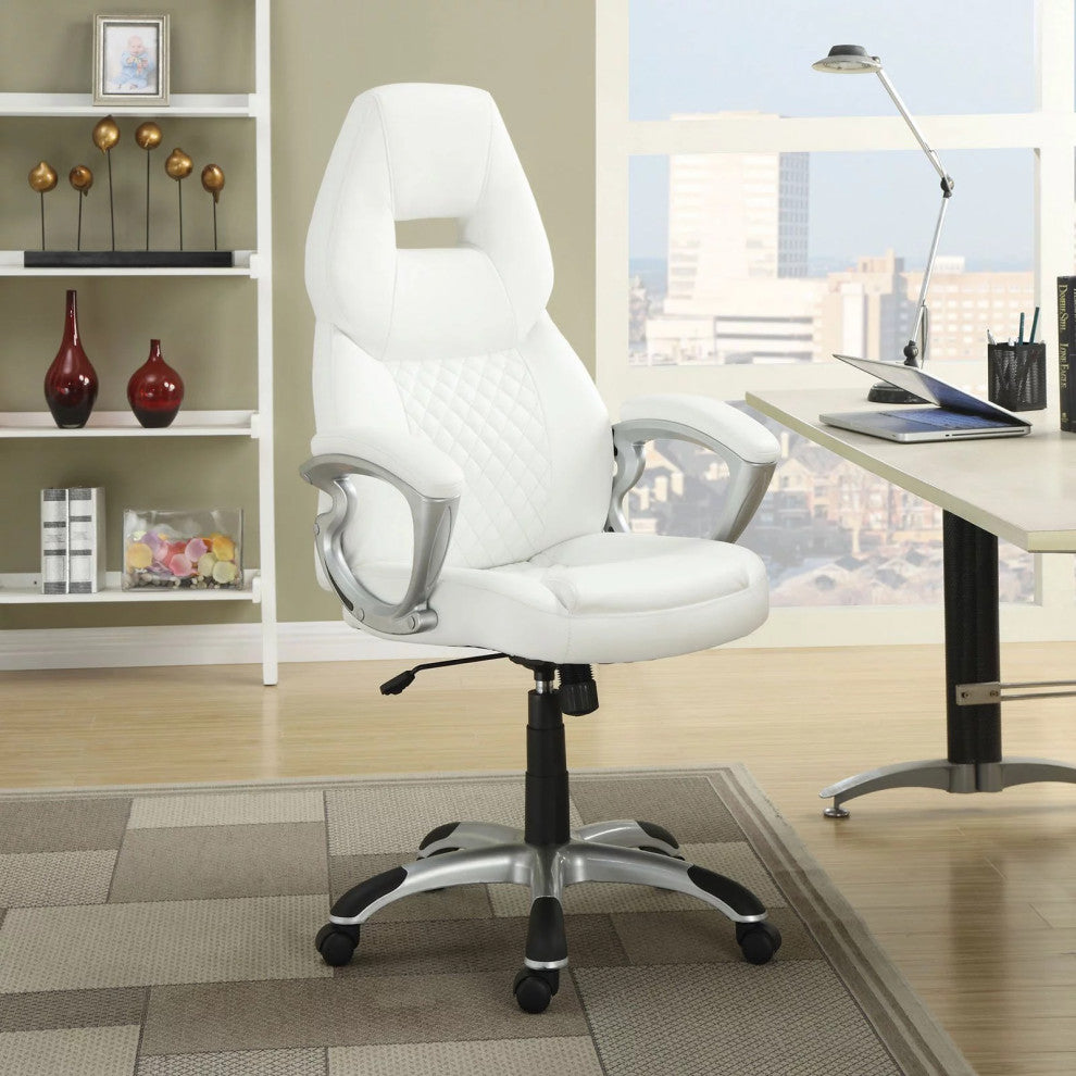 Modern Office Chair, Ergonomic Seat With Faux Leather Seat & Padded Arms, White