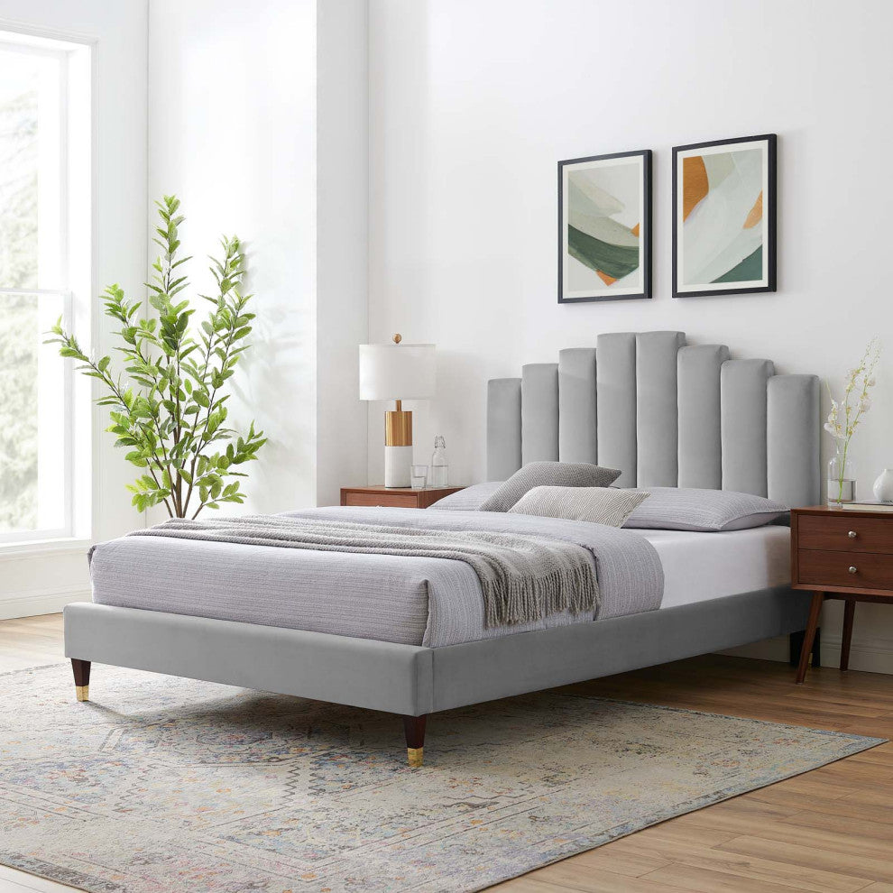 Platform Bed Frame, King Size, Velvet, Light Gray, Modern Contemporary