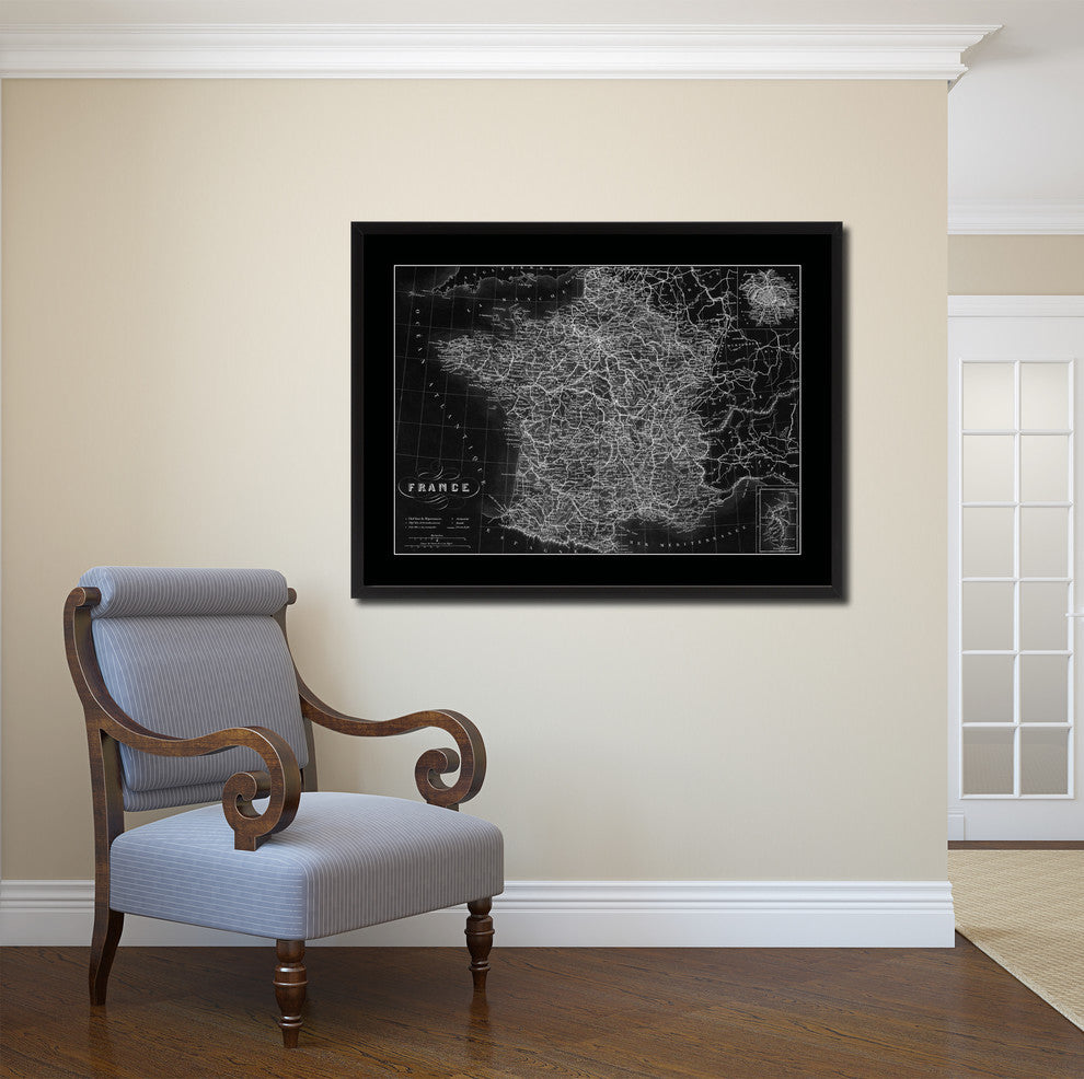 France, Paris Monochrome Map Print On Canvas With Black Custom Frame, 16" X 21"