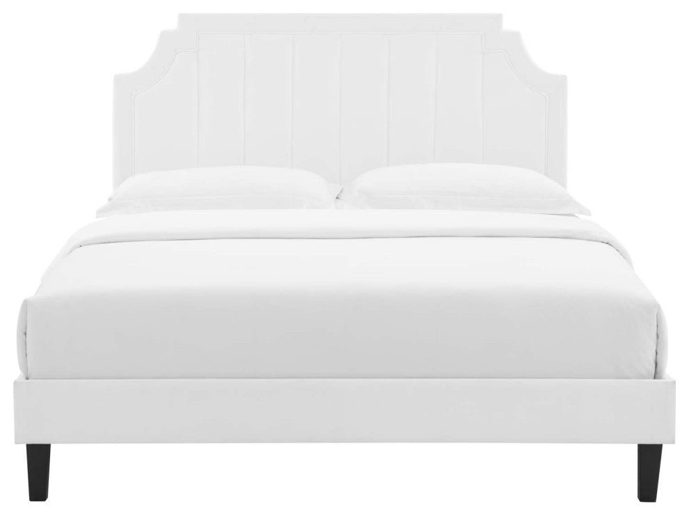 Platform Bed Frame, King Size, Velvet, White, Modern Contemporary, Bedroom