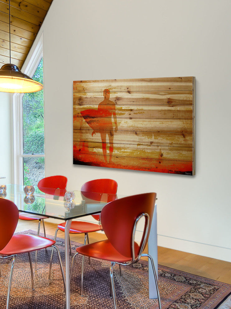 "Dusk Red Surf" Painting Print on Natural Pine Wood, 45"x30"