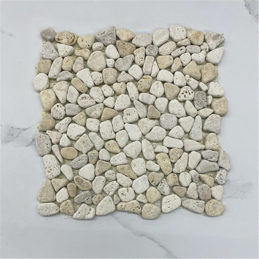 Non Slip Shower Floor Tile Tumbled Pebble Stone Travertine Giallo, 1 sheet