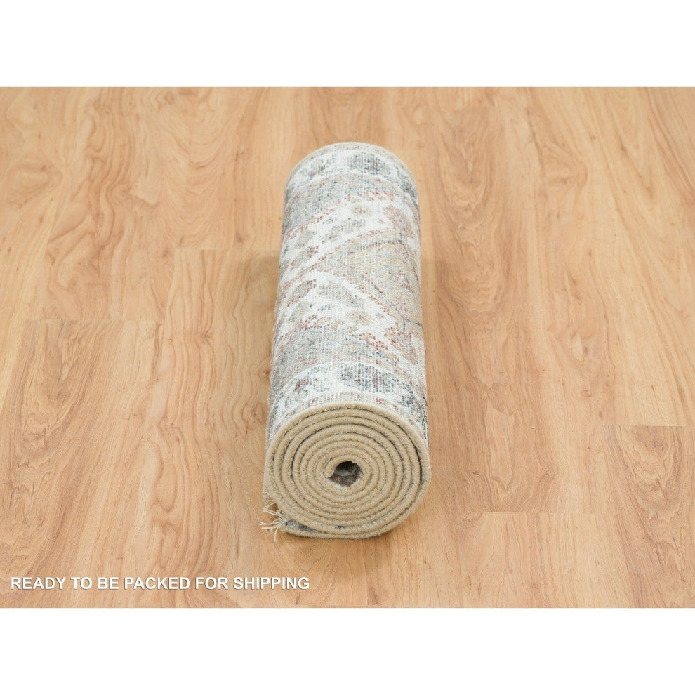 Ivory Wool Shiraz Rosettes Border Runner Hand Knotted Oriental Rug, 2'7"x9'9"