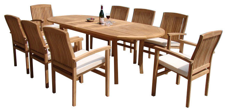 9-Piece Outdoor Teak Dining Set, 117" Oval Table, 8 Wave Stacking Arm Chairs