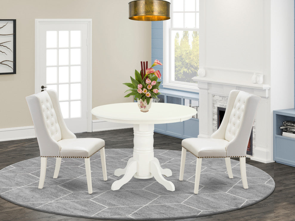 3Pc Kitchen Set, 1 Pedestal Table, 2 Light Grey Chairs, Linen White