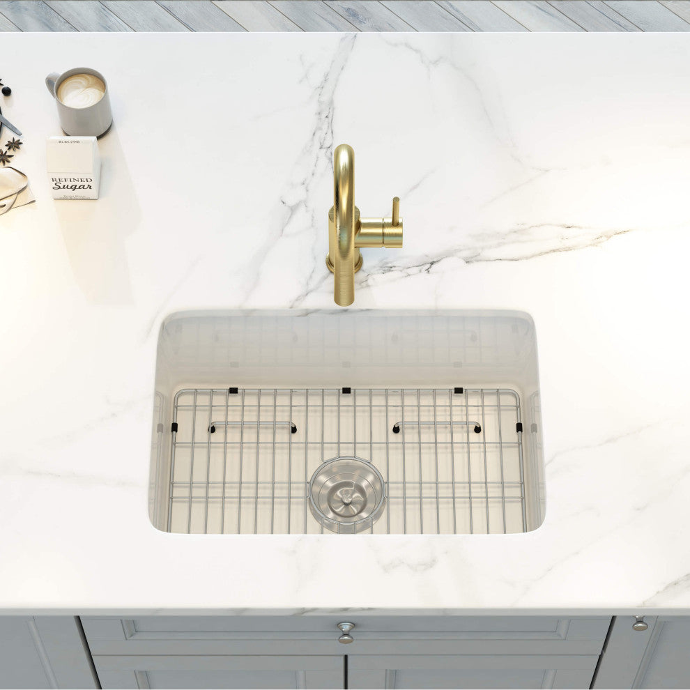 White Fireclay Farmhouse Undermount Kitchen Sink, Bottom Grid and Strain, 27"