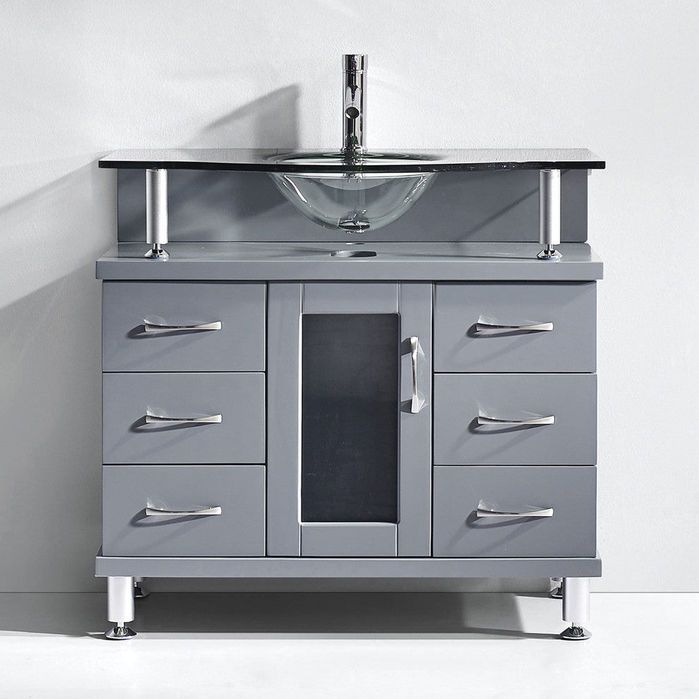 Virtu Vincente 36" Single Bathroom Vanity, Gray With Clear Tempered Glass Top