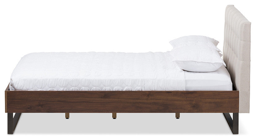 Mitchell Walnut Wood Beige Fabric Dark Bronze Metal Full Platform Bed