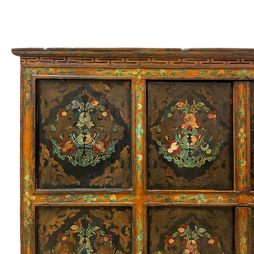 Consigned 19th Century Antique Tibetan Hand Painted Credenza Storage Cabinet