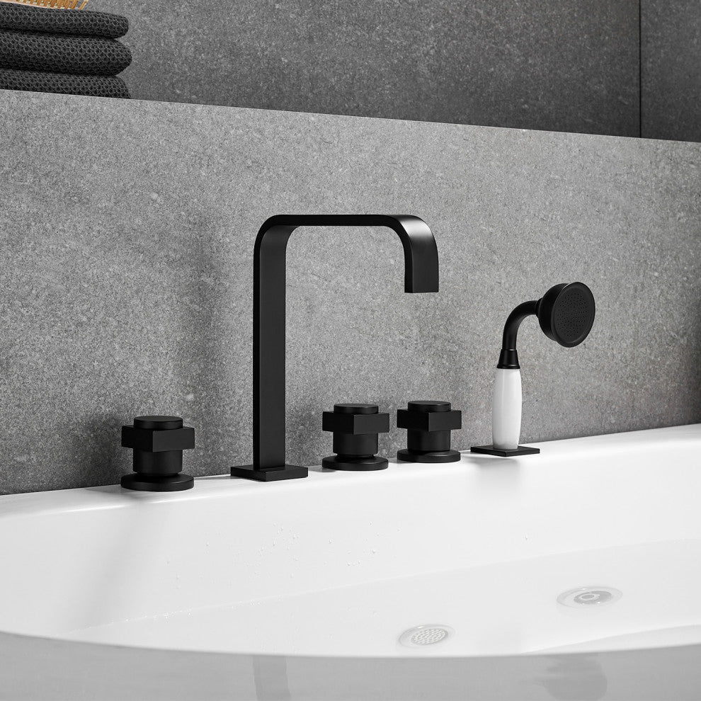Vikran Triple Handle Deck-Mount Roman Tub Faucet Trim With Handshower, Matte Black