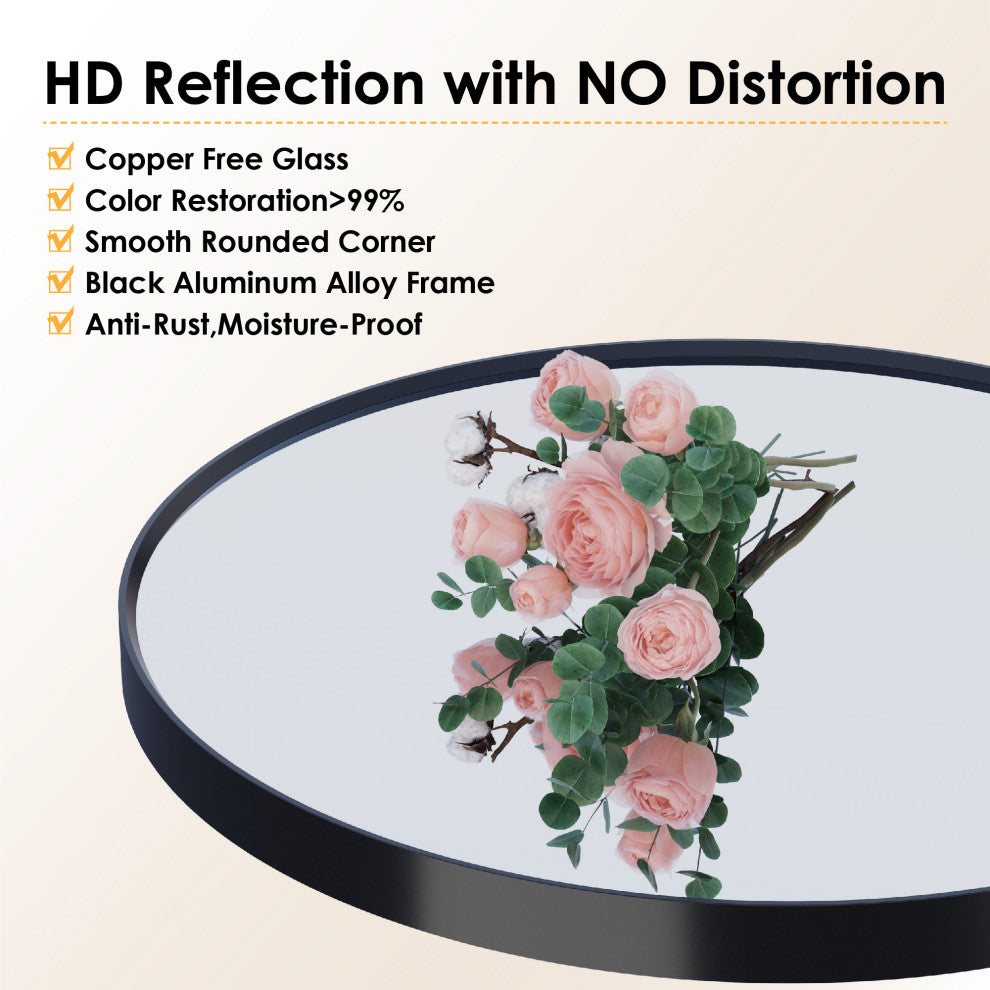 Bella Round Anodized Aluminum Wall Vanity Mirror, 28"x28", Matte Black