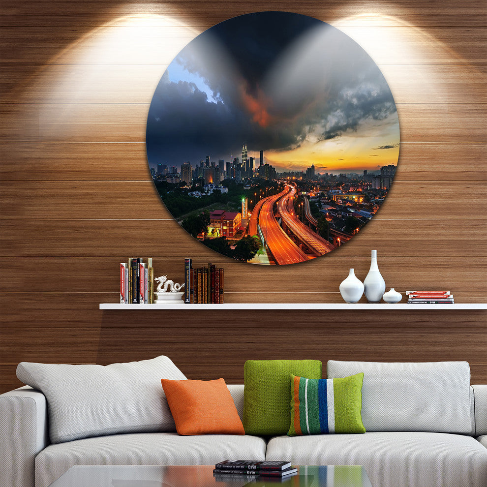 Busy Elevated Highway In Kula Lumpur, Cityscape Disc Metal Artwork, 11"