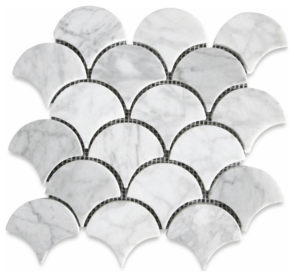 Fish Scale Carrara White Marble Grand Fan Mosaic Tile Polished, 1 sheet