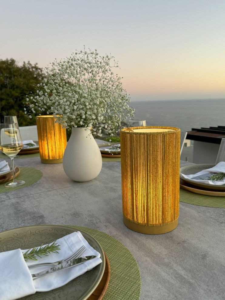 Paper Rope Indoor and Covered Patio Rechargeable LED Drum Table Lamp