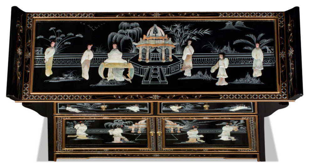 Black Lacquer Mother of Pearl Motif Oriental Altar Style Cabinet