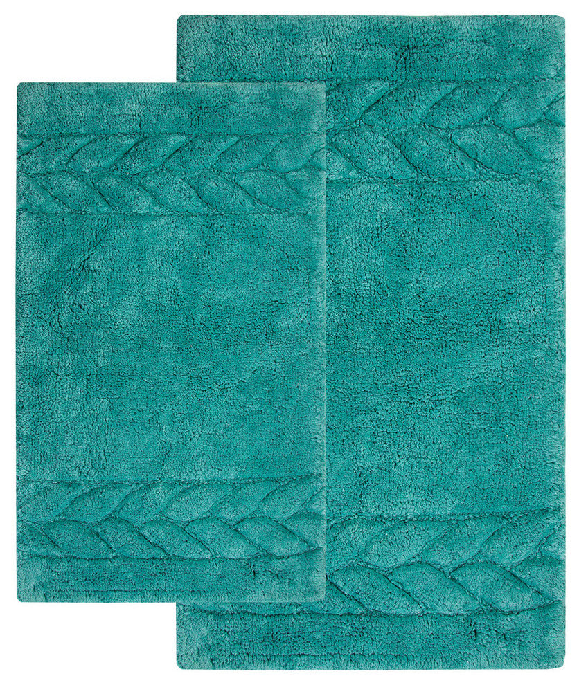 Bath Rug Cotton, 2 Piece Set, 34"x21" and 36"x24", Arctic Blue, Pattern Cable