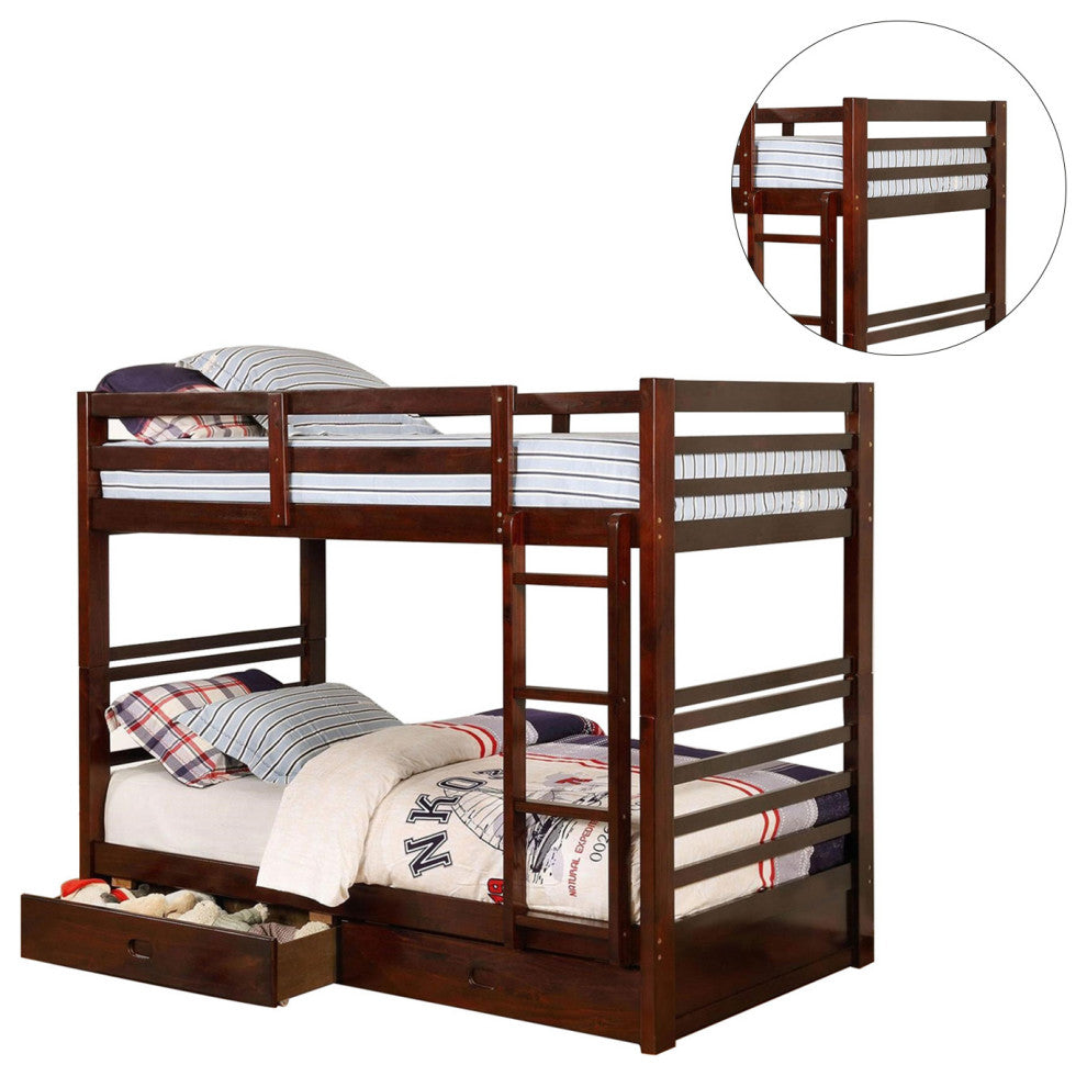 Wooden Twin Over Twin Bunk Bed, Dark Walnut
