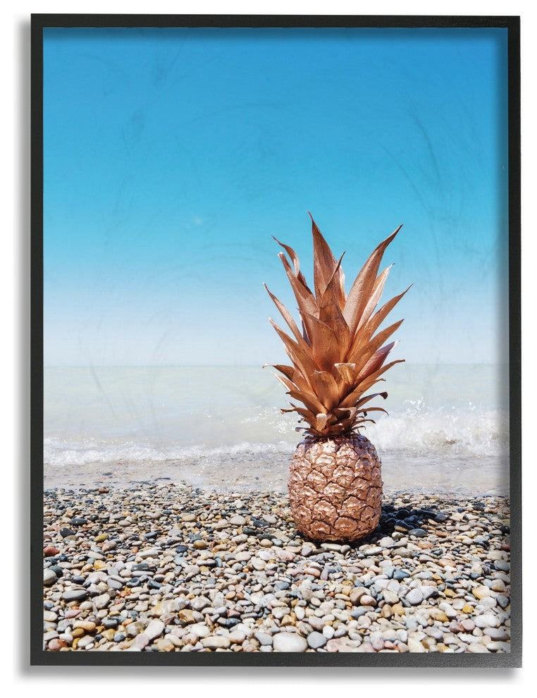 Rose Gold Metallic Pineapple On Beach With Blue Sky Framed Giclee Art, 16"x20"