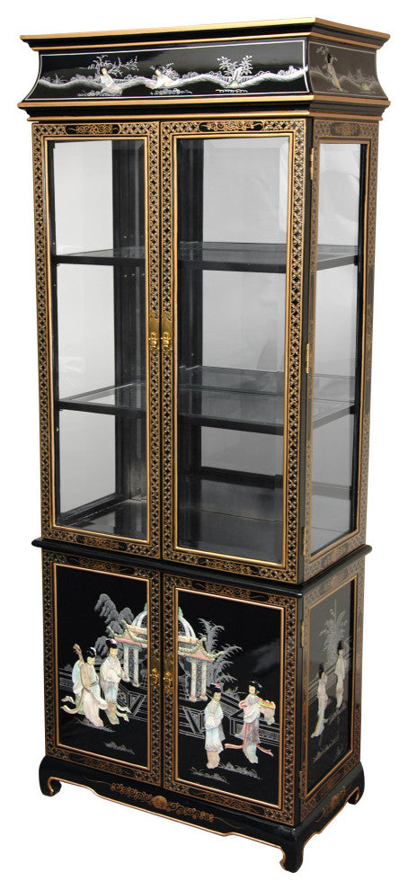 Lacquer Curio Cabinet, Black Mother of Pearl Ladies
