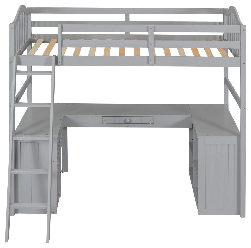 Gewnee Wood Twin Loft Bed with Drawers, Shelves and Desk in Gray