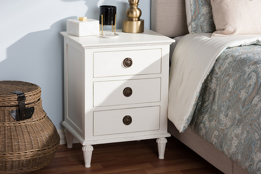 Urban Designs Rome French-Inspired Rustic Whitewash Wood 3-Drawer Nightstand