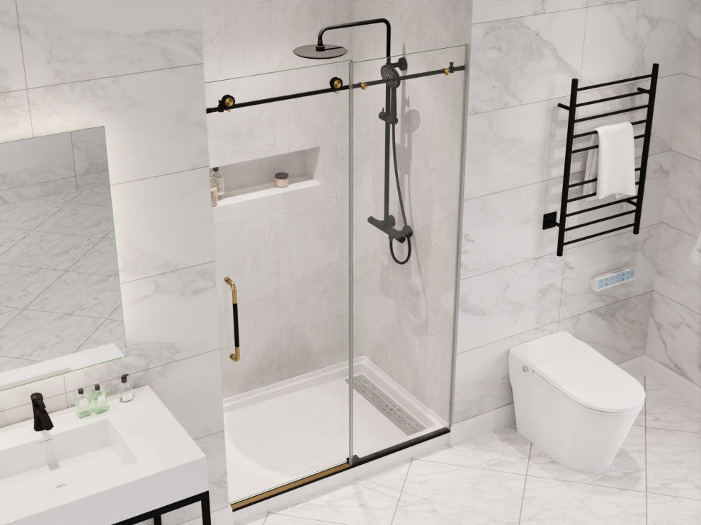 Madam 76-in. x 48-in. Frameless Sliding Shower Door, Matte Black/Brushed Gold