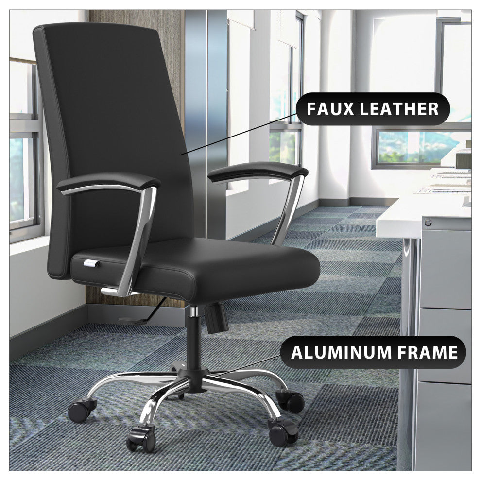 LeisureMod Evander Swivel Office Chair in Leather With Silver Frame, Black