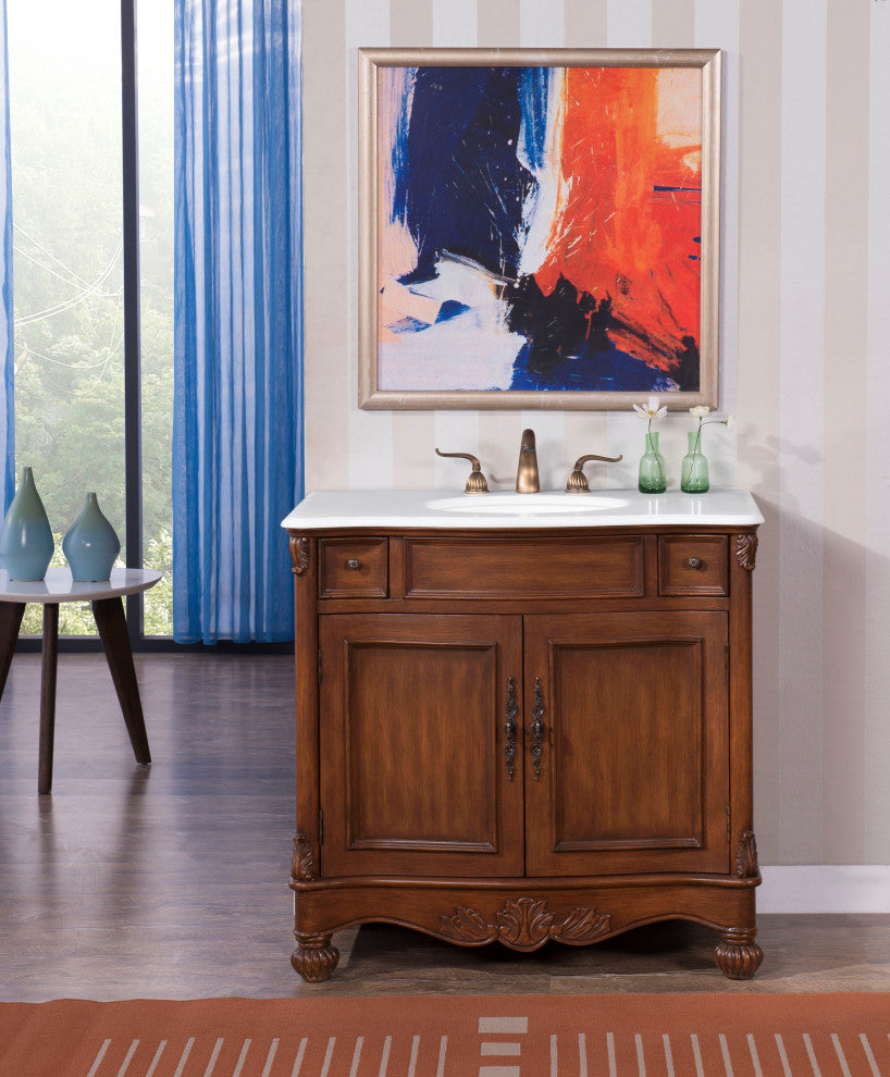 48" Single Bathroom Vanity, Teak Color With ivory white engineered marble, 36
