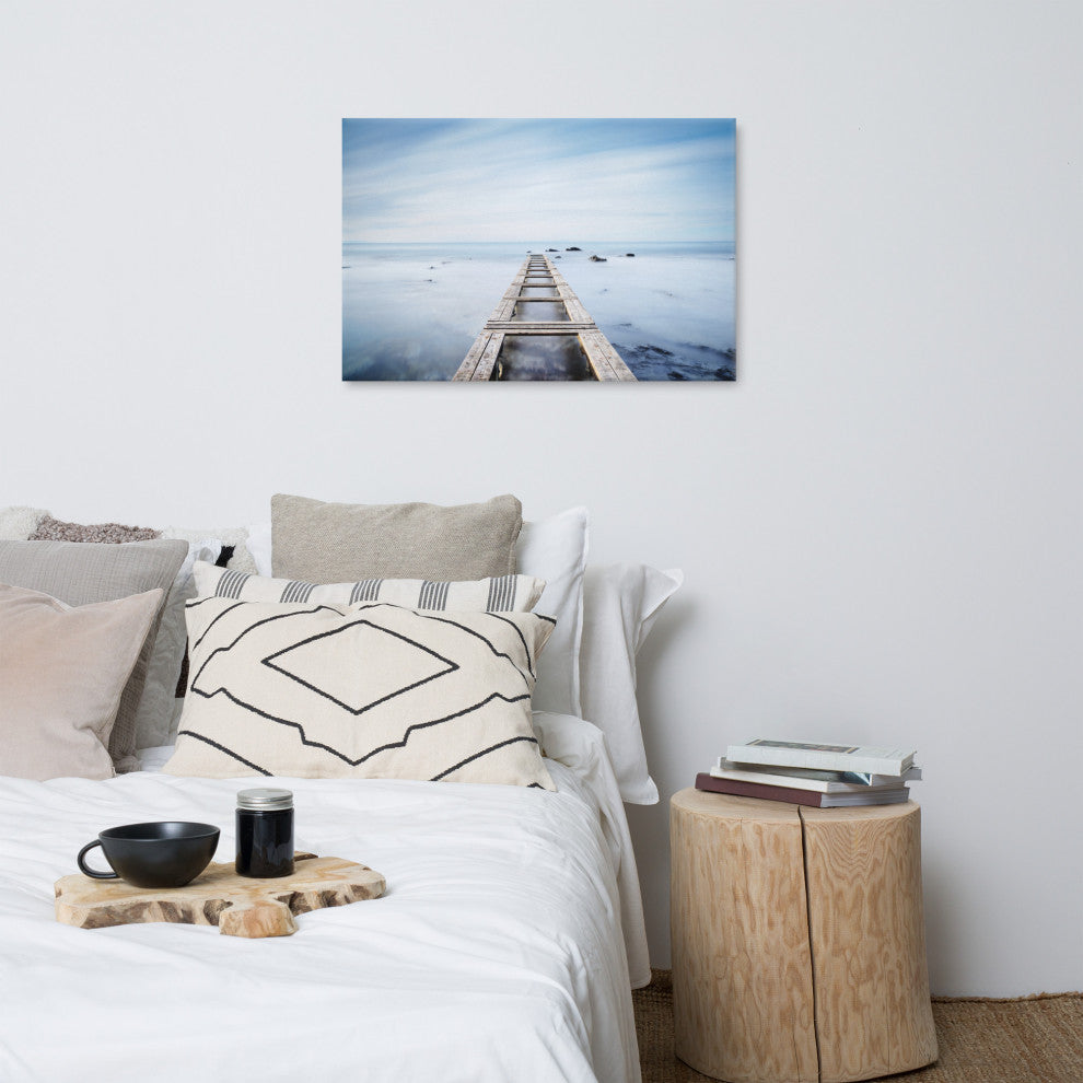 Moody Ocean and Sky Wooden Pier Landscape Photo Canvas Wall Art Prints, 24" X 36"