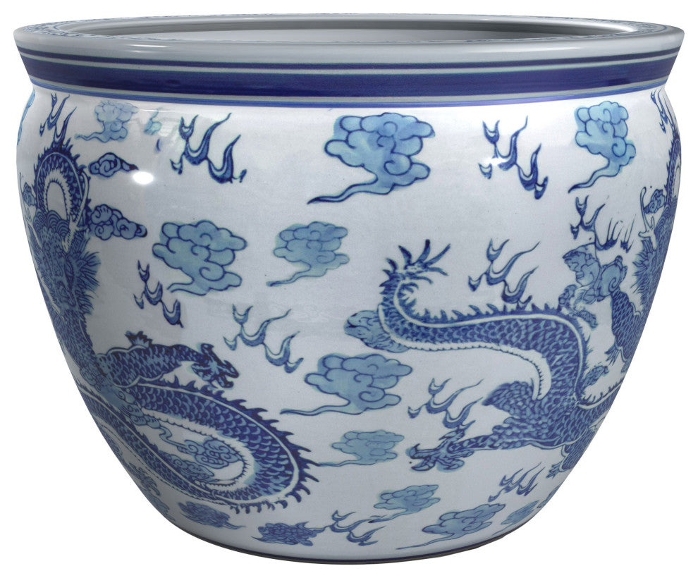 14" Dragon Blue and White Porcelain Fishbowl