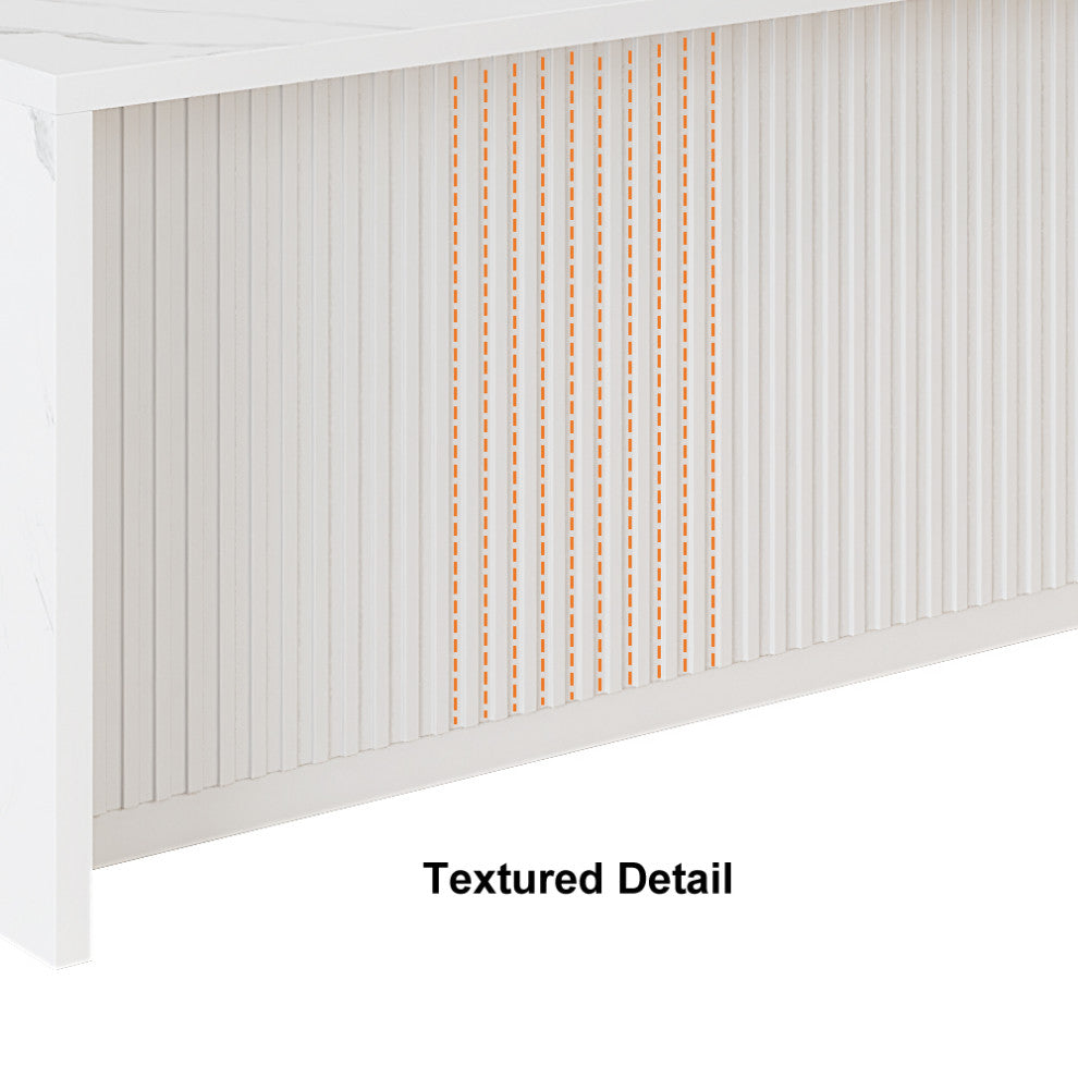 72" Large Kitchen Island with Storage Kitchen Cabinet Marble Veneered Top, White