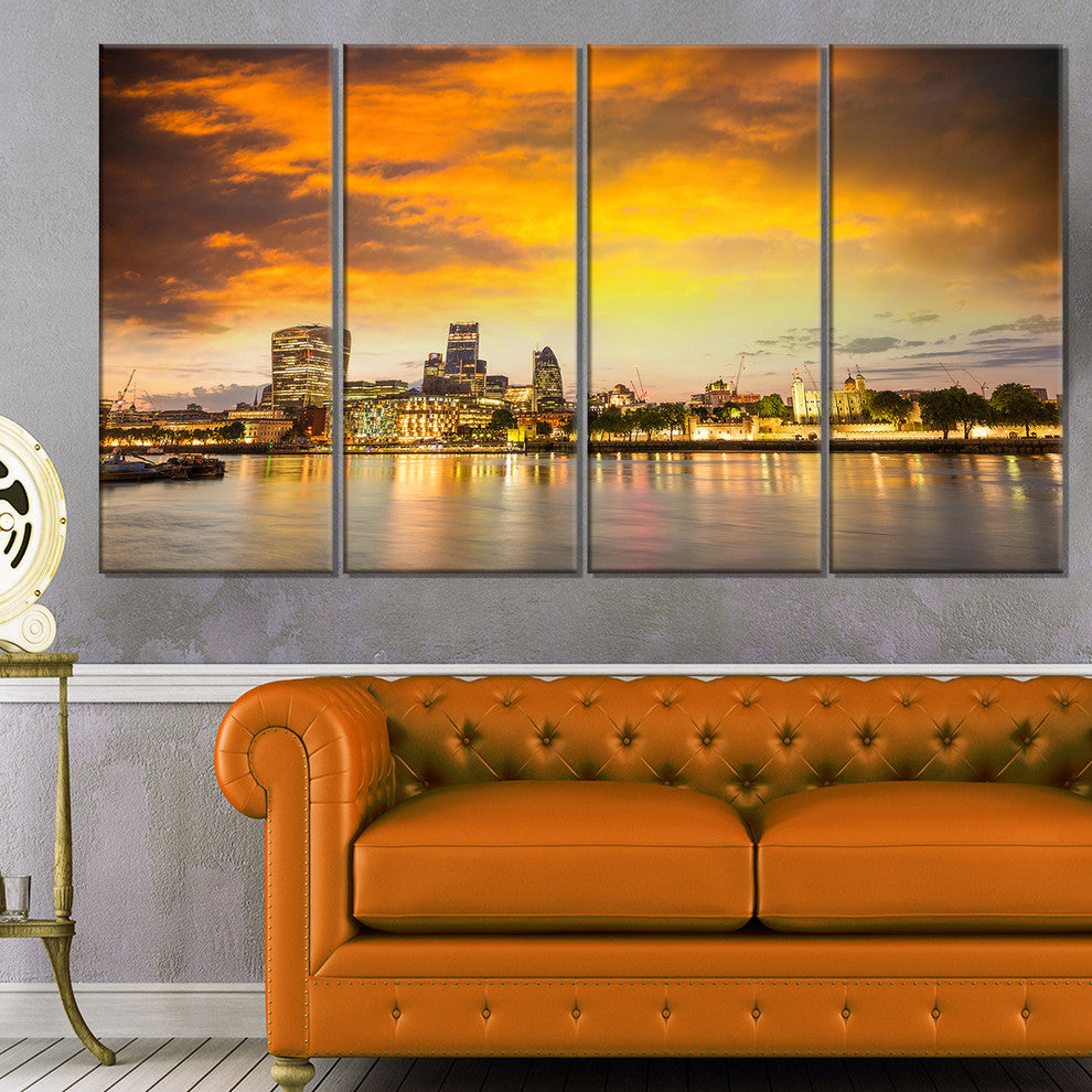 "Financial District of London at Twilight" Cityscape Wall Art, 48"x28", 4-Panels