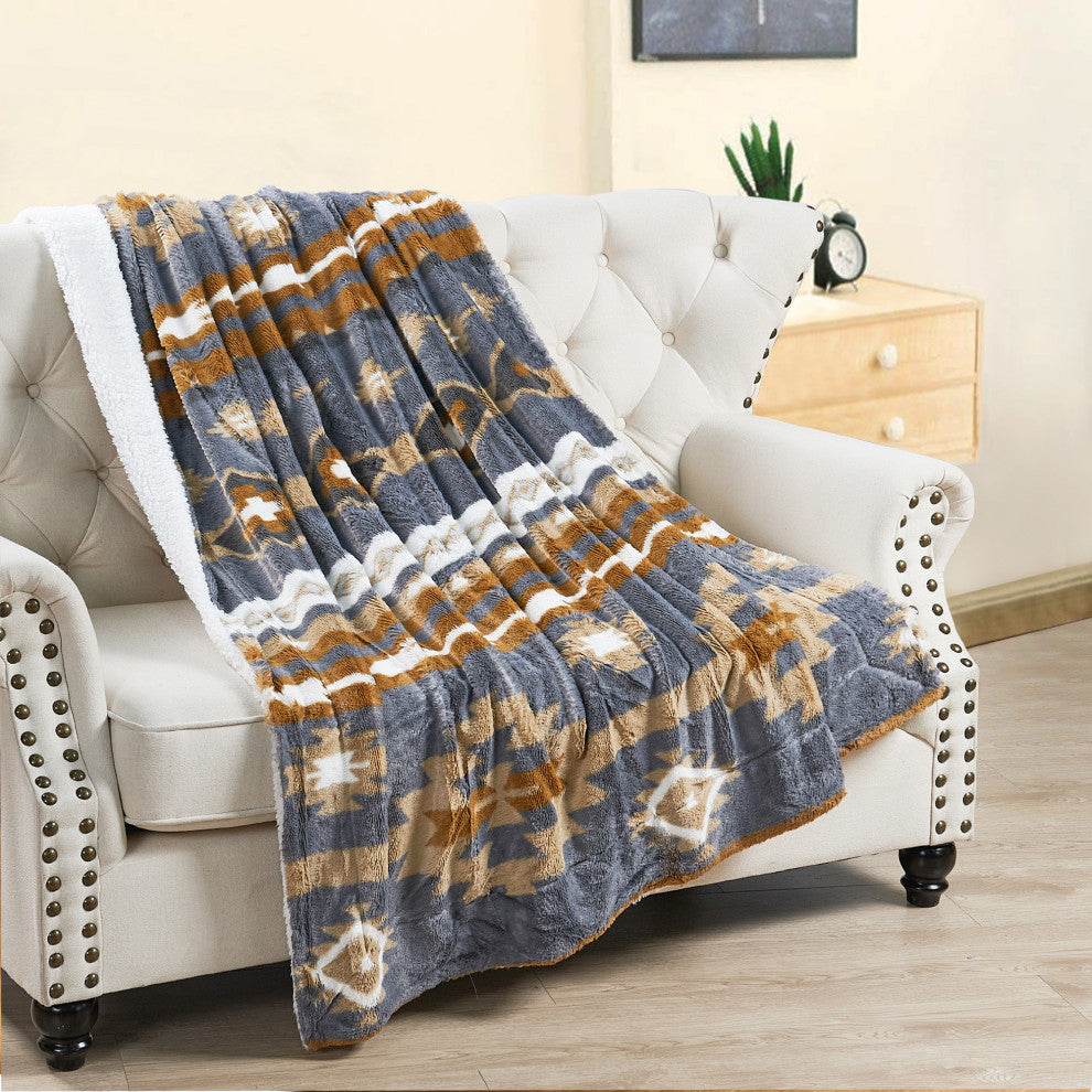 Southwest Faux Fur & Sherpa Backing Throw Blanket, Gray, 60" X 80"