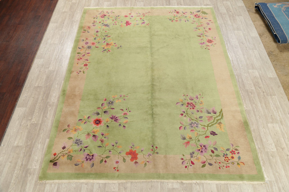 Consigned, Vintage Floral Area Rug Art Deco Oriental Hand-Knotted, Green, 9 X 12