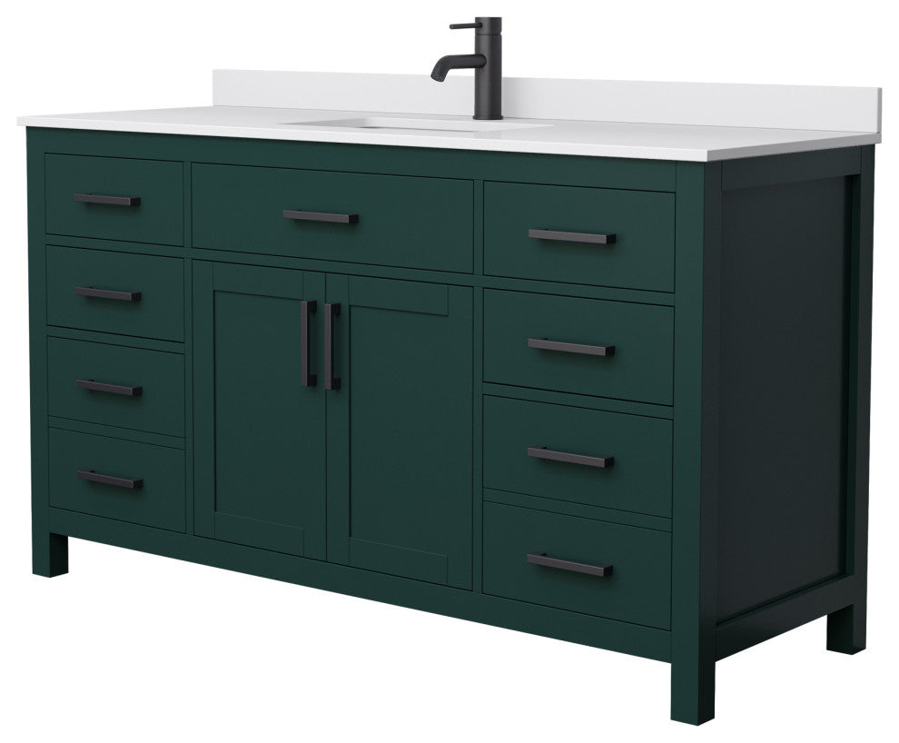 60"SGL Bathroom Vanity, Green, White Cult. Marble Countertop, Sink, Black Trim