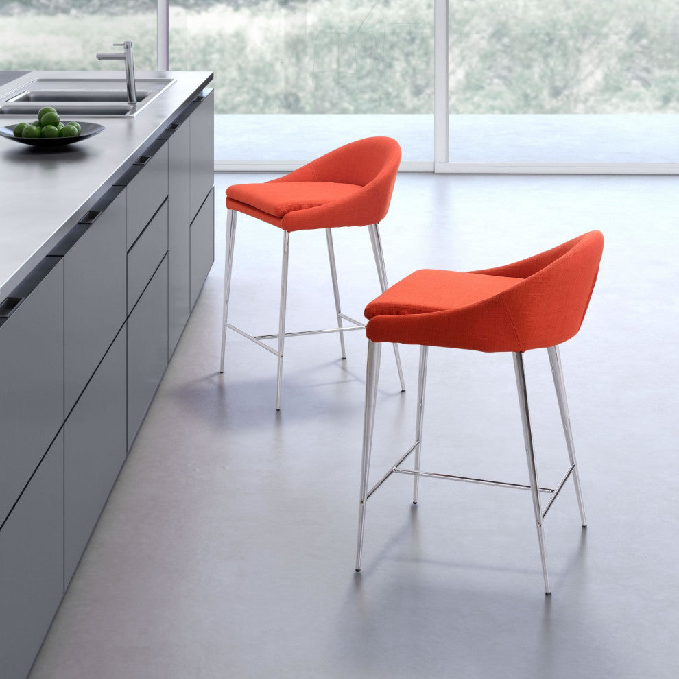 Counter Stool Chair, Set of 2, Steel Metal, Fabric, Orange, Chrome, Mid Century